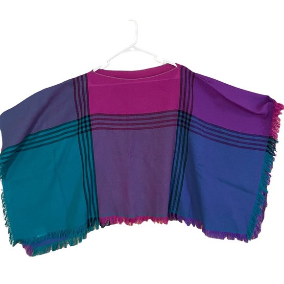 vintage 80s  elwin acrylic plaid fringe poncho Scarf Wrap japan purple blue - Picture 1 of 6
